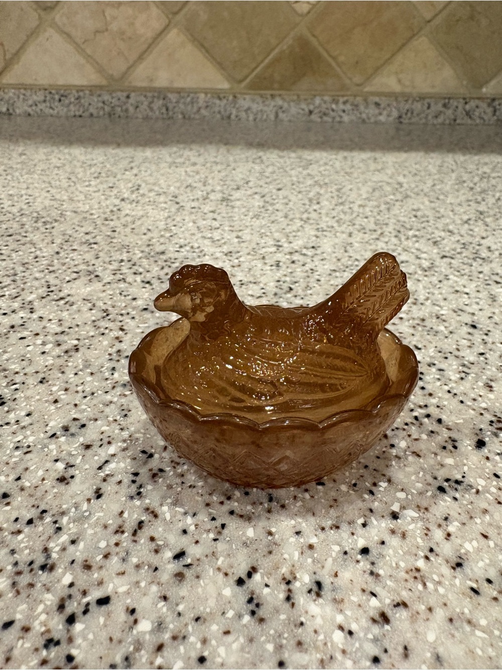 Dark Amber Pressed Glass Hen On Nest